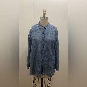 Eileen Fisher Hemp and Cotton Casual Blue Button Down Shirt Small